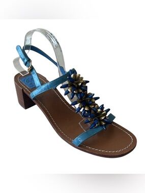 Tory Burch Emilynn Beaded T-Strap Sandals Blue Patent Heel 10.5